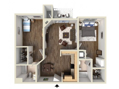 A 3D floor plan of a small apartment with a kitchen, living room, and bedroom.